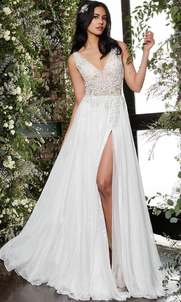 Sophisticated A-line V-neck Natural Waistline Sleeveless Plunging Neck Beaded Illusion Sheer Flowy Slit Wedding Dress with a Brush/Sweep Train