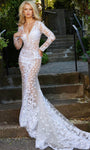 V-neck Illusion Sheer Mesh Embroidered Button Closure Mermaid Long Sleeves Floral Print Natural Waistline Plunging Neck Wedding Dress with a Chapel Train