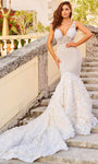 V-neck Sleeveless Polyester Floral Print Plunging Neck Mermaid Corset Natural Waistline Sheer Mesh Open-Back Beaded Wedding Dress with a Chapel Train With Ruffles