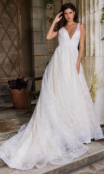 A-line V-neck Open-Back V Back Beaded Sheer Belted Sleeveless Plunging Neck Natural Waistline Floral Print Floor Length Wedding Dress with a Chapel Train