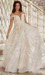 A-line Open-Back Sheer Glittering Button Closure Pleated Embroidered Plunging Neck Sweetheart Cap Sleeves Off the Shoulder Natural Waistline Wedding Dress with a Brush/Sweep Train