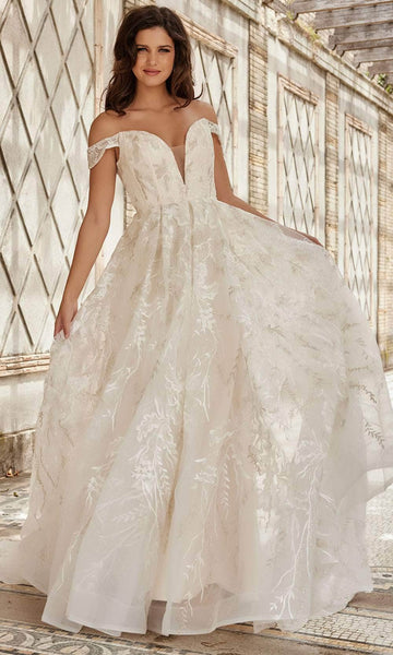 A-line Cap Sleeves Off the Shoulder Natural Waistline Plunging Neck Sweetheart Sheer Glittering Pleated Button Closure Open-Back Embroidered Wedding Dress with a Brush/Sweep Train