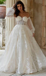A-line Strapless Sweetheart Lace Illusion Button Closure Open-Back Sheer Floor Length Corset Natural Waistline Bishop Sleeves Floral Print Wedding Dress with a Brush/Sweep Train