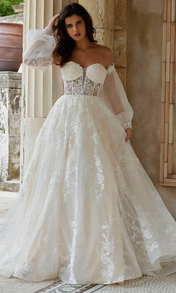 A-line Strapless Button Closure Open-Back Sheer Illusion Floral Print Bishop Sleeves Floor Length Corset Natural Waistline Sweetheart Lace Wedding Dress with a Brush/Sweep Train