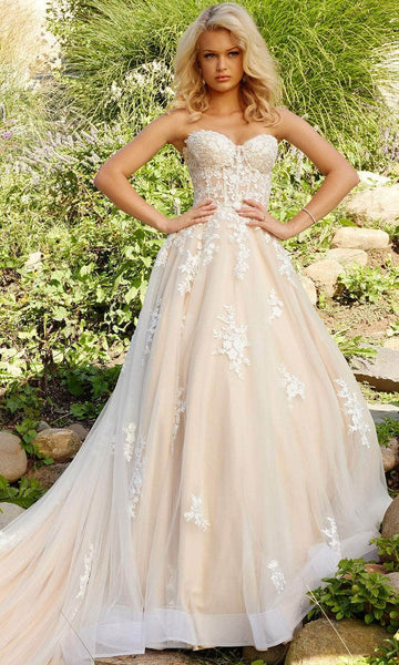 A-line Strapless Floral Print Sweetheart Applique Button Closure Open-Back Lace Corset Natural Waistline Floor Length Wedding Dress with a Cathedral Train