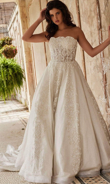 Strapless Natural Waistline General Print Back Zipper Open-Back Glittering Lace Straight Neck Wedding Dress with a Brush/Sweep Train