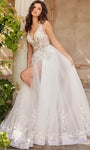 Sexy V-neck Natural Waistline Plunging Neck V Back Beaded Illusion Slit Glittering Applique Open-Back Sheer Sleeveless Floral Print Tulle Wedding Dress with a Brush/Sweep Train