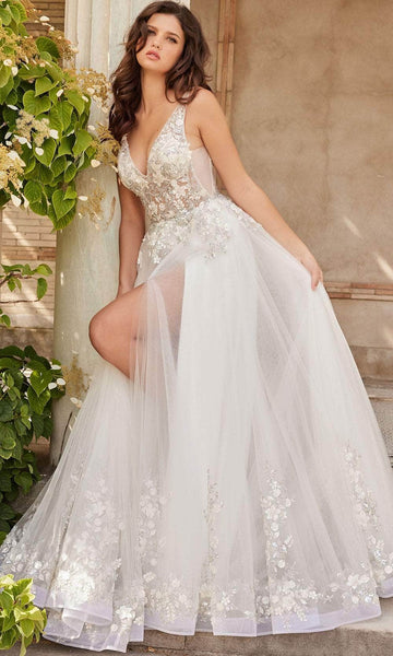 Sexy V-neck Open-Back Sheer Applique V Back Beaded Illusion Slit Glittering Sleeveless Natural Waistline Tulle Plunging Neck Floral Print Wedding Dress with a Brush/Sweep Train