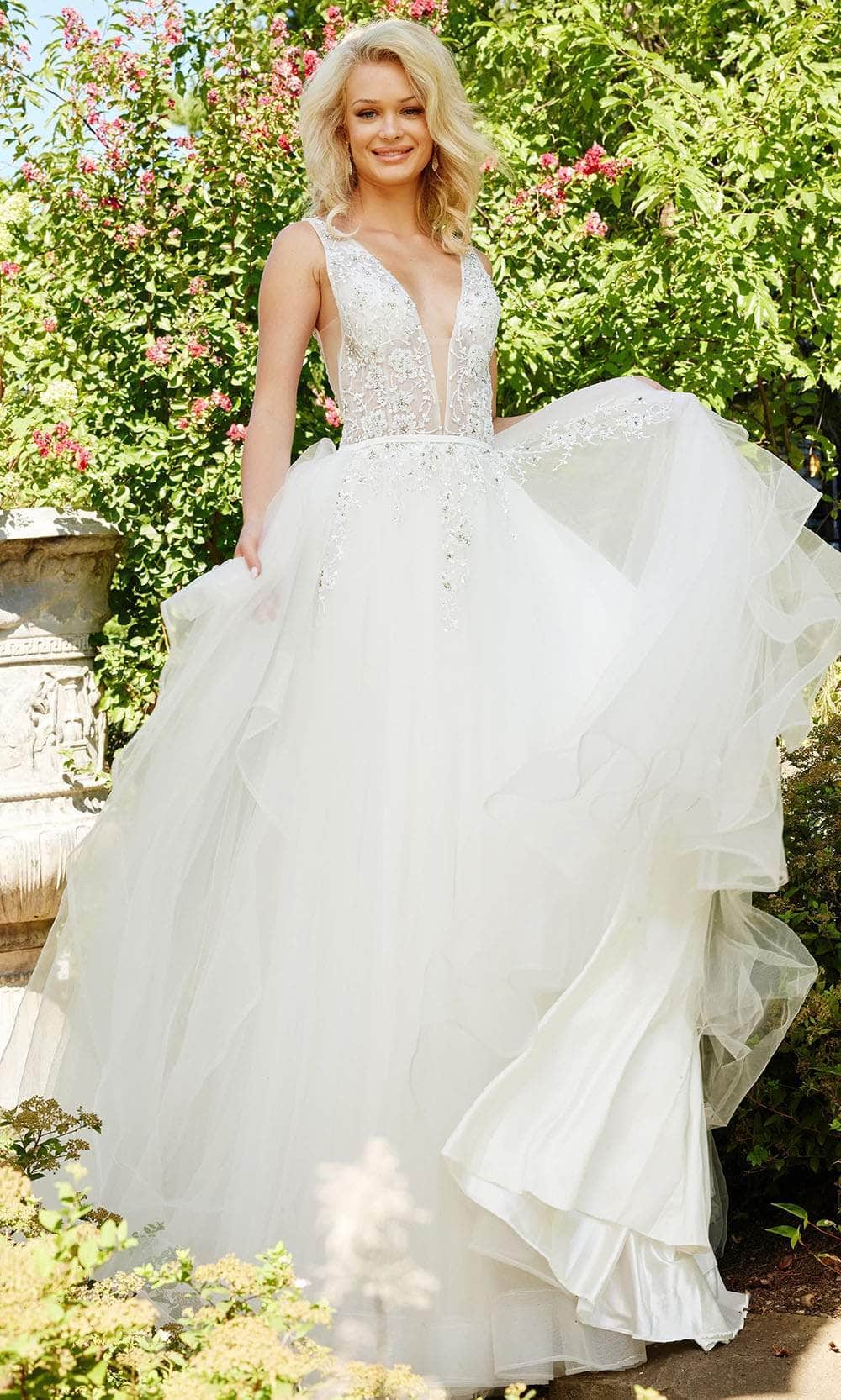 Jovani Bridal JB3500 - Plunging Floral Beaded Bridal Gown
