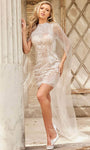 Natural Waistline Sheath Tulle Applique Beaded Fitted Illusion High-Neck Above the Knee Sheath Dress/Wedding Dress with a Brush/Sweep Train