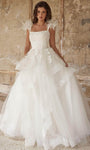 Square Neck Lace Sleeveless Natural Waistline Beaded Applique Open-Back Tiered Wedding Dress with a Brush/Sweep Train With Ruffles