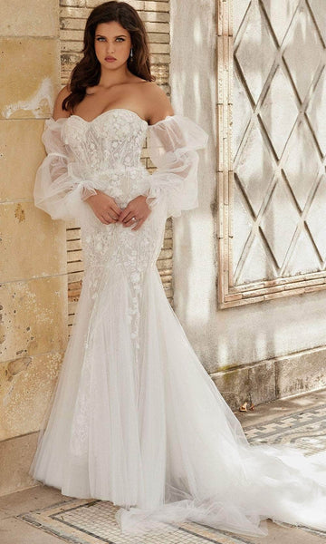 Floral Print Mermaid Sheer Open-Back Applique Beaded Sweetheart Corset Natural Waistline Bishop Sleeves Off the Shoulder Wedding Dress with a Chapel Train