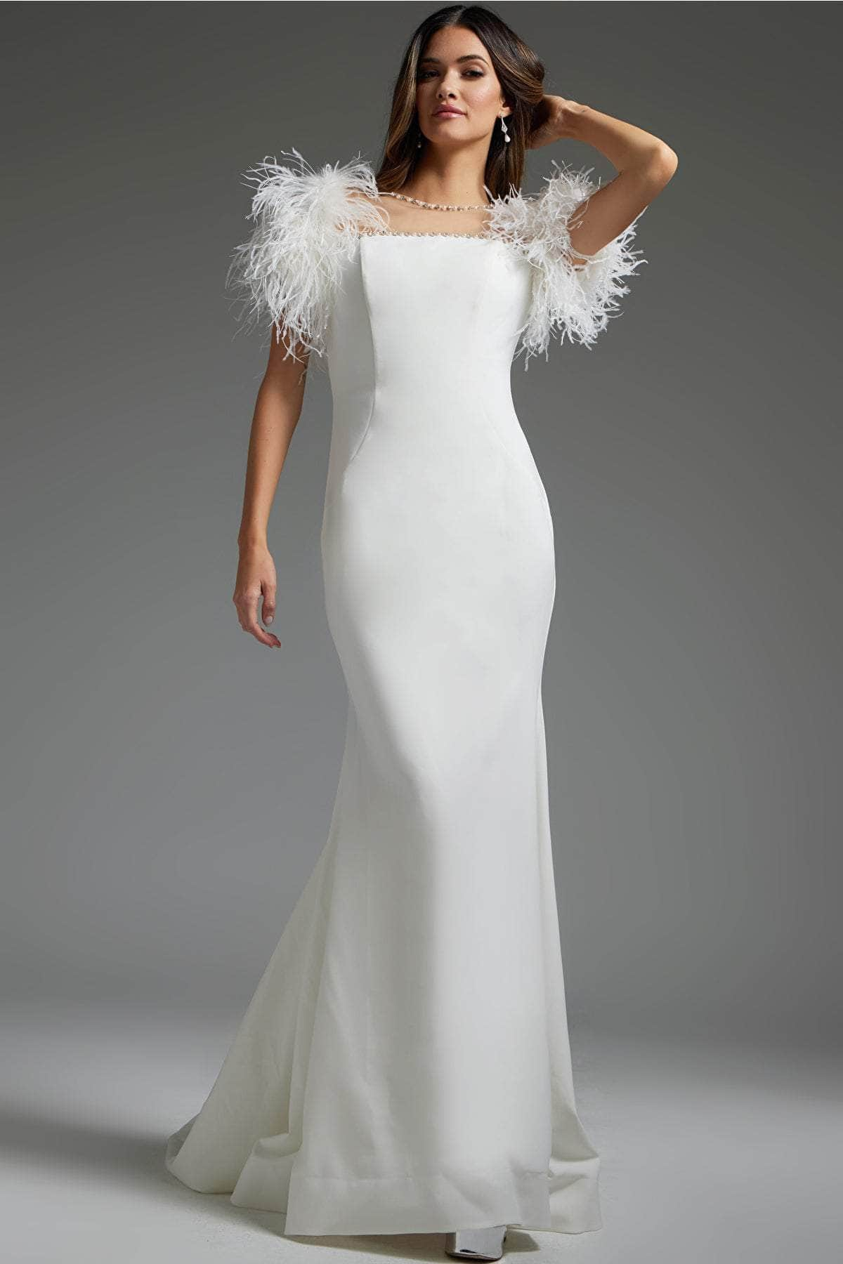 Jovani JB07433 - Feathered Form-Fitting Bridal Gown
