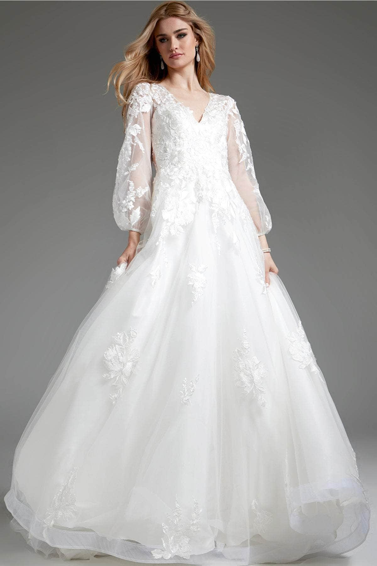 Jovani JB25731 - Applique Bishop Sleeve Bridal Gown
