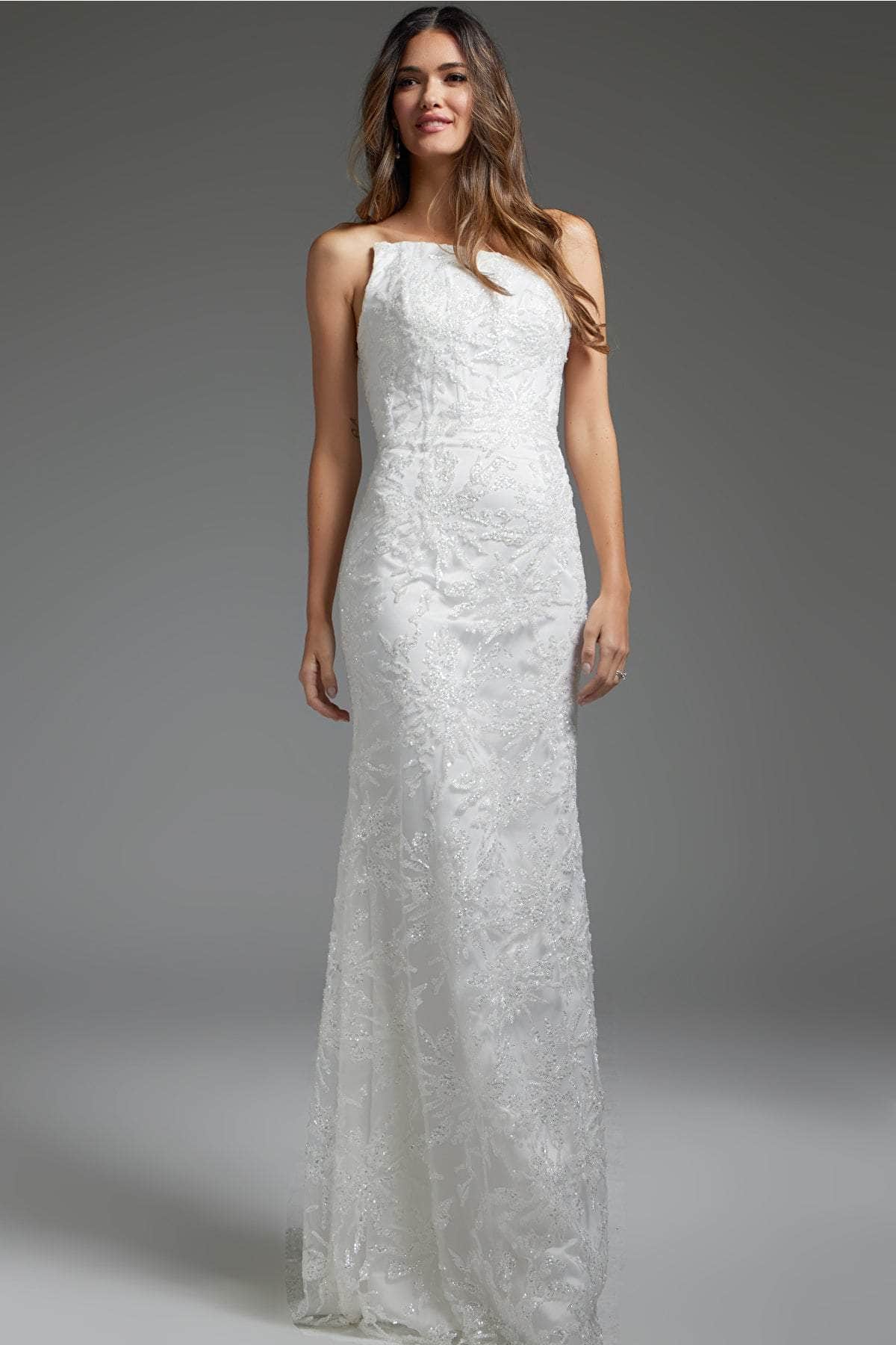 Jovani JB40608 - Allover Beaded Asymmetric Bridal Gown
