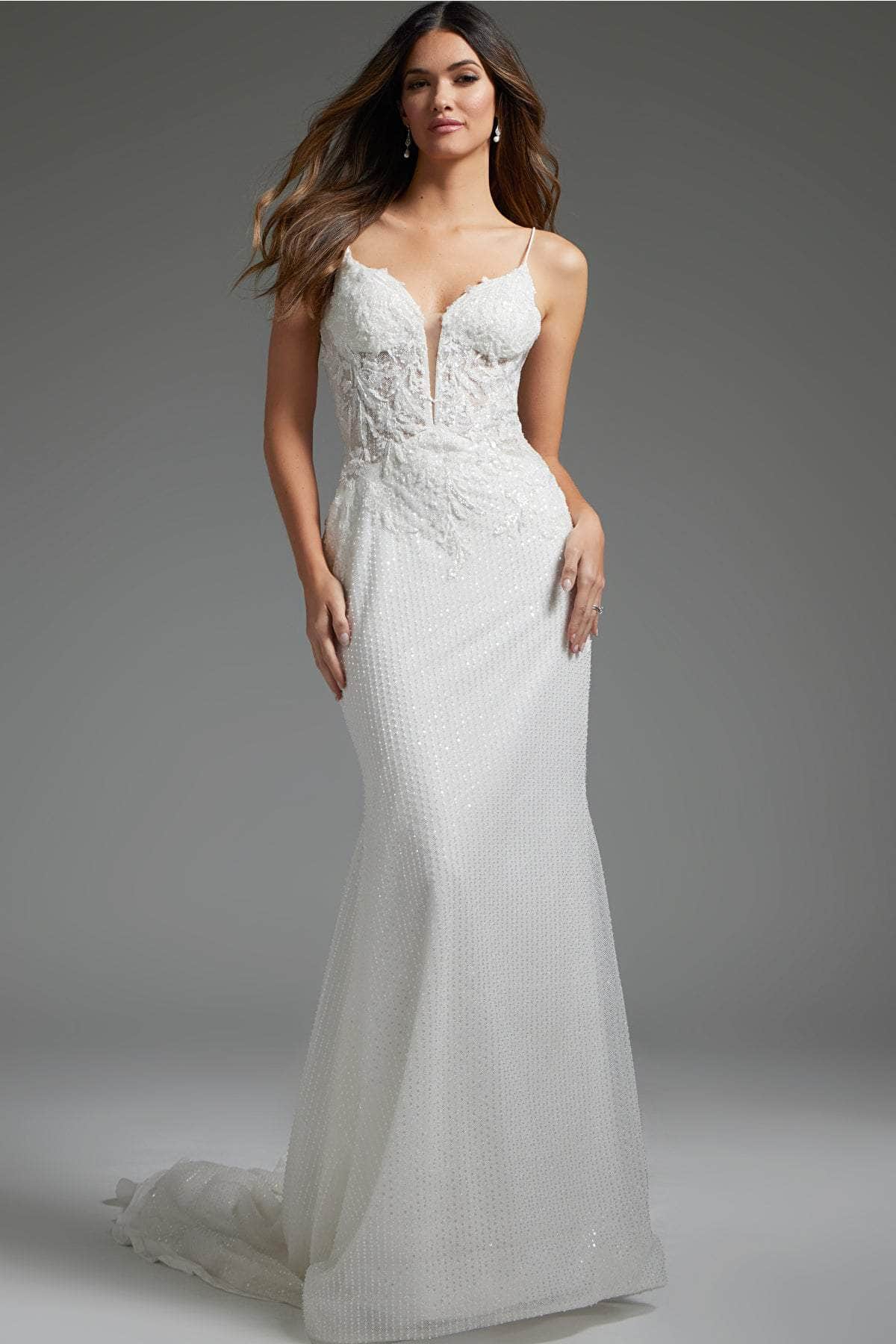 Jovani JB40639 - Beaded Appliqued Plunging Bridal Gown
