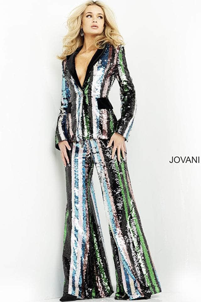 Jovani M02942 - Long Sleeve Blazer Sequin Pantsuit

