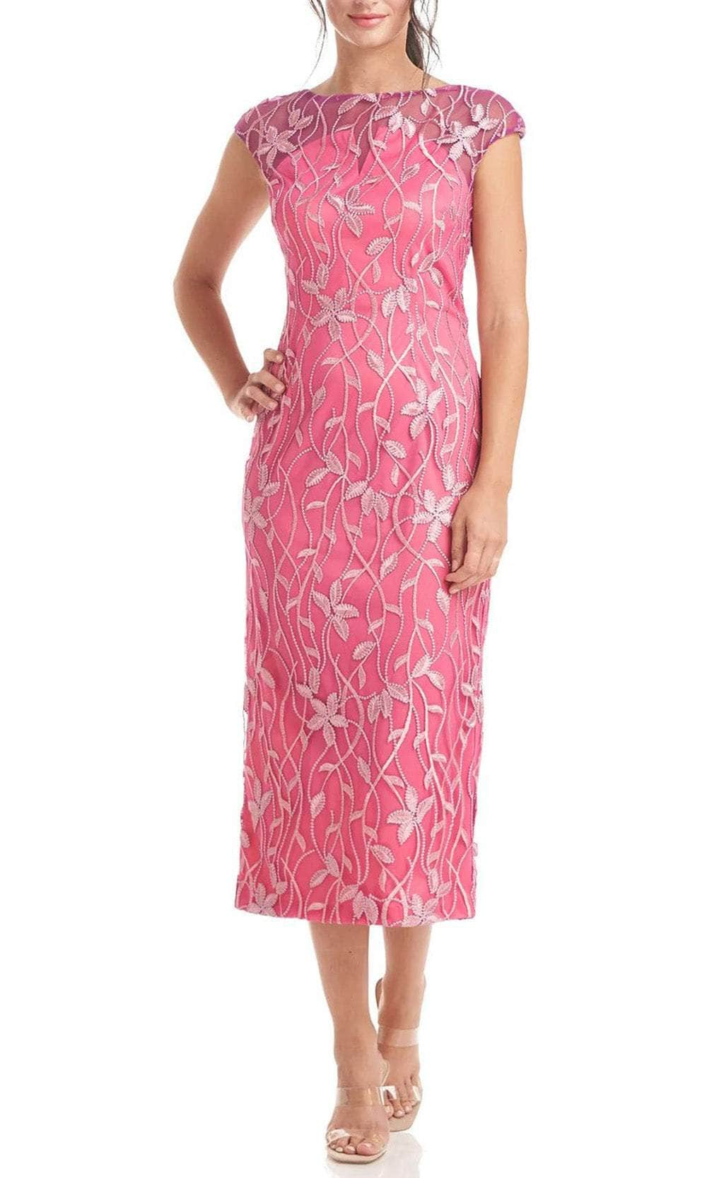 JS Collections 8617399 - Illusion Bateau Embroidered Tea-Length Dress
