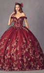 Off the Shoulder Open-Back Applique Lace-Up Glittering Basque Waistline Floral Print Fall Floor Length Ball Gown Dress
