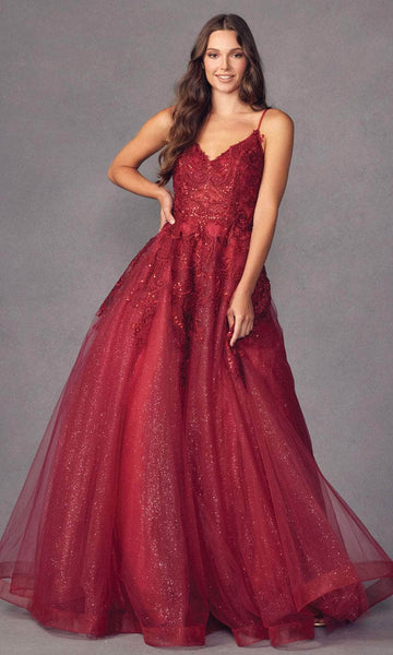 A-line V-neck Spaghetti Strap Floor Length Embroidered Tiered Hidden Back Zipper Open-Back Applique Natural Waistline Prom Dress With Rhinestones