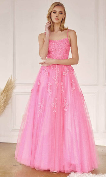 A-line Scoop Neck Natural Waistline Open-Back Lace-Up Glittering Embroidered Tiered Applique Floor Length Spaghetti Strap Prom Dress With Rhinestones