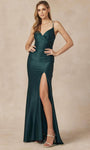 V-neck Sheath Floor Length Polyester Natural Waistline Fitted Open-Back Slit Ruched Lace-Up Sleeveless Spaghetti Strap Sheath Dress/Evening Dress with a Brush/Sweep Train
