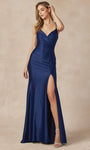 V-neck Floor Length Sleeveless Spaghetti Strap Polyester Lace-Up Slit Open-Back Fitted Ruched Sheath Natural Waistline Sheath Dress/Evening Dress with a Brush/Sweep Train