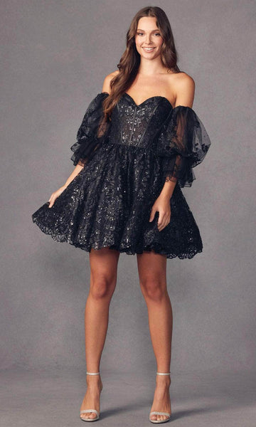 A-line Corset Natural Waistline Puff Sleeves Sleeves General Print Polyester Open-Back Lace-Up Illusion Glittering Sweetheart Cocktail Above the Knee Dress