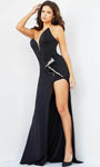 Sexy V-neck Strapless Plunging Neck Natural Waistline Sheath Crepe Beaded Slit Illusion Hidden Back Zipper Sheath Dress/Prom Dress with a Brush/Sweep Train With Ruffles