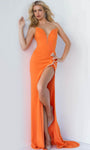 Sexy V-neck Strapless Sheath Hidden Back Zipper Beaded Slit Illusion Natural Waistline Crepe Plunging Neck Sheath Dress/Prom Dress with a Brush/Sweep Train With Ruffles