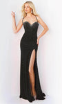 Sexy Natural Waistline Sheath Plunging Neck Sweetheart Jersey Open-Back Lace-Up Beaded Slit Hidden Back Zipper Spaghetti Strap Sheath Dress/Prom Dress with a Brush/Sweep Train