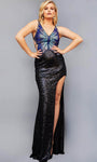 V-neck Sequined Slit Beaded Backless Sleeveless Natural Waistline Floor Length Sheath Sheath Dress/Prom Dress with a Brush/Sweep Train