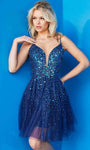 A-line V-neck Natural Waistline Fall Sleeveless Spaghetti Strap Cocktail Above the Knee Tulle Plunging Neck Back Zipper Sheer Glittering Gathered V Back Open-Back Sequined Prom Dress