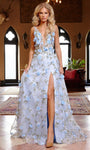 A-line V-neck Polyester Natural Waistline Sleeveless Plunging Neck Floral Print Mesh Illusion V Back Back Zipper Slit Applique Open-Back Sheer Prom Dress with a Brush/Sweep Train