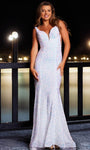 V-neck Sequined Back Zipper Fitted Sheer Mermaid Natural Waistline Floor Length Sleeveless Prom Dress