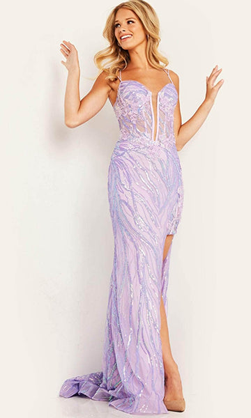 Sophisticated V-neck Fitted Illusion Sequined Slit Mesh Sheath Corset Natural Waistline Floral Print Sleeveless Sheath Dress/Prom Dress with a Brush/Sweep Train