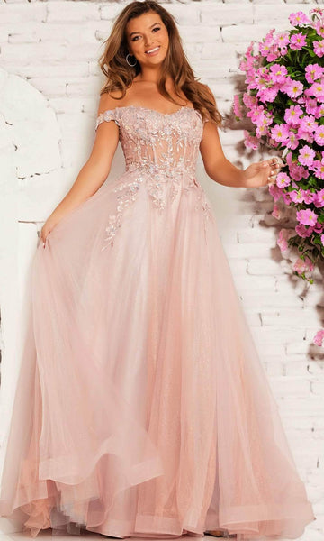 A-line Natural Waistline Cap Sleeves Off the Shoulder Lace Sheer Applique Sequined Fitted Open-Back Sweetheart Prom Dress with a Brush/Sweep Train