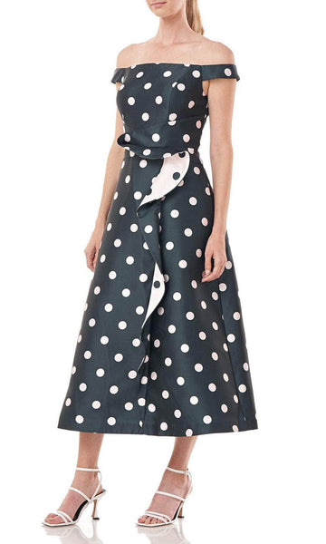 A-line Tea Length Polka Dots Print Straight Neck Natural Waistline Flared-Skirt Off the Shoulder Back Zipper Fitted Vintage Jacquard Polyester Dress With Ruffles