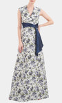 Sexy A-line V-neck Natural Waistline Jacquard Slit Back Zipper Wrap Pleated Floor Length Cap Sleeves Floral Print Evening Dress