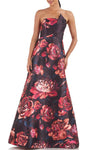 A-line Strapless Straight Neck Fitted Pocketed Back Zipper Jacquard Floral Print Polyester Sleeveless Natural Waistline Prom Dress