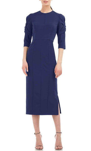 Sophisticated Natural Waistline Jeweled Neck 3/4 Sleeves Slit Back Zipper Draped Tea Length Sheath Sheath Dress