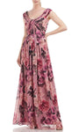 A-line Pleated Shirred Back Zipper Floor Length Natural Waistline Scoop Neck Floral Print Cap Sleeves Evening Dress