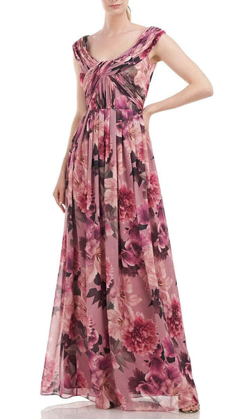 A-line Floor Length Shirred Back Zipper Pleated Natural Waistline Scoop Neck Cap Sleeves Floral Print Evening Dress