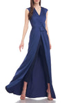 Sophisticated V-neck Floor Length Back Zipper Gathered Ruched Natural Waistline Cap Sleeves Jumpsuit With a Bow(s) and a Ribbon