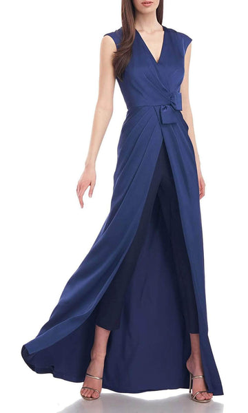Sophisticated V-neck Natural Waistline Floor Length Gathered Back Zipper Ruched Cap Sleeves Jumpsuit With a Bow(s) and a Ribbon