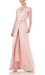 Sophisticated V-neck Cap Sleeves Natural Waistline Back Zipper Gathered Ruched Floor Length Jumpsuit With a Bow(s) and a Ribbon