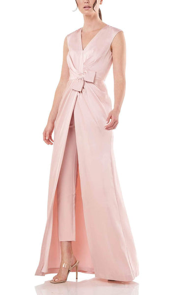 Sophisticated V-neck Floor Length Cap Sleeves Natural Waistline Ruched Gathered Back Zipper Jumpsuit With a Bow(s) and a Ribbon