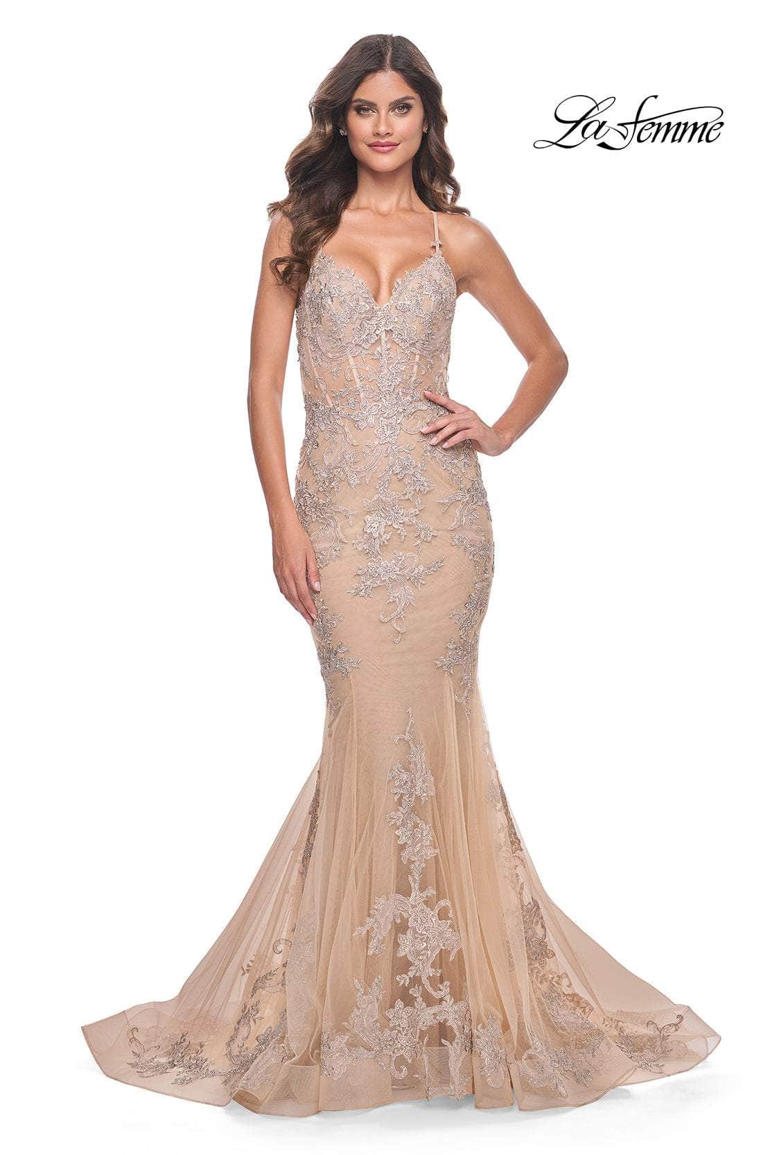 La Femme 30716 - Adjustable Strap Appliqued Prom Gown

