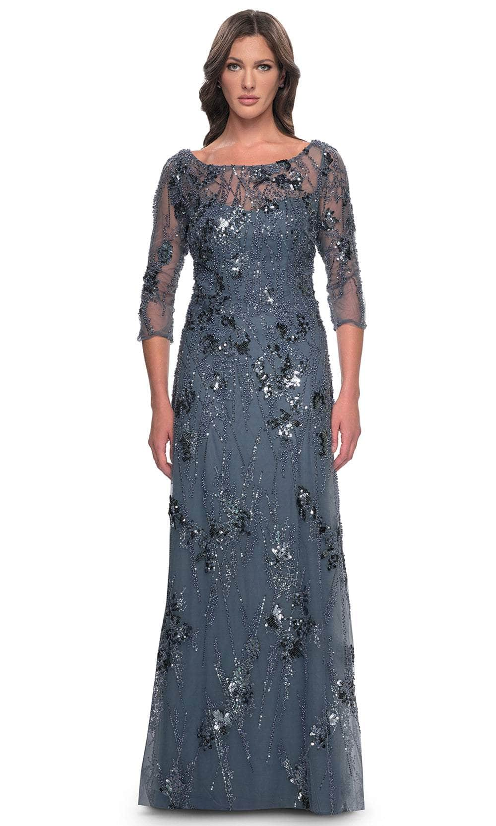 La Femme 31458 - Quarter Sleeve Rhinestone Embellished Evening Gown
