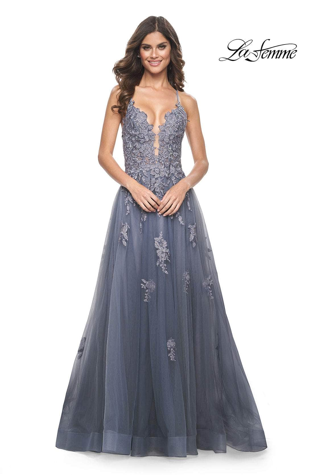 La Femme 31472 - Beaded Appliqued Plunging Prom Gown
